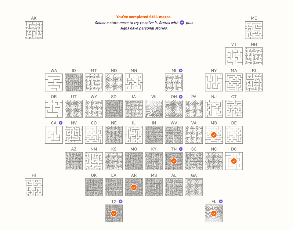 A grid map of abortion mazes. More restrictive policies = more complex mazes = more filled in grid. The southeast has the more complex mazes.