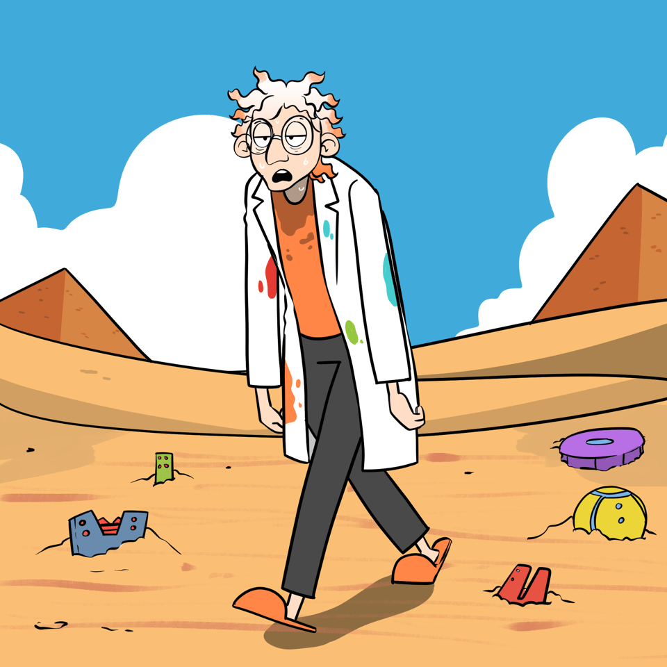 Dr Splatterjacket is hot and sweaty wondering around the desert. There are lots of half buried exciting gadgets lying around.