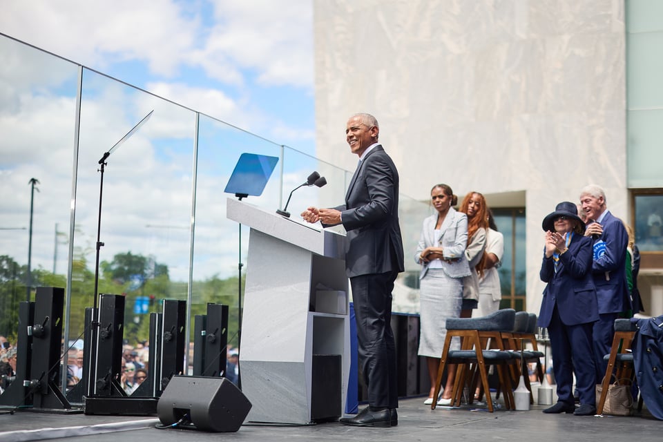 President Obama gives remarks during the Grand Opening Dedication Ceremony at The Obama Presidential Center in Chicago, IL, on June 18, 2026.