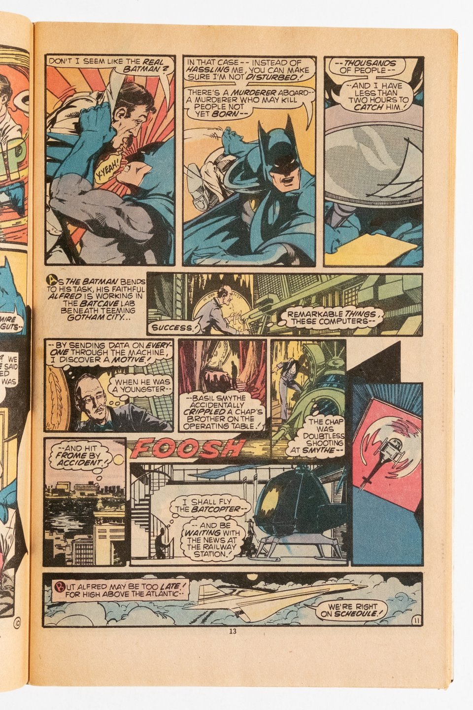 a page from Detective Comics drawn by Marshall Rogers. It is approximately five tiers. The top row is Batman telling a guy to get out of his way. Alfred is using a large computer for an investigation. Rogers then breaks reading order by introducing a pivot point in the page with a sound effect
