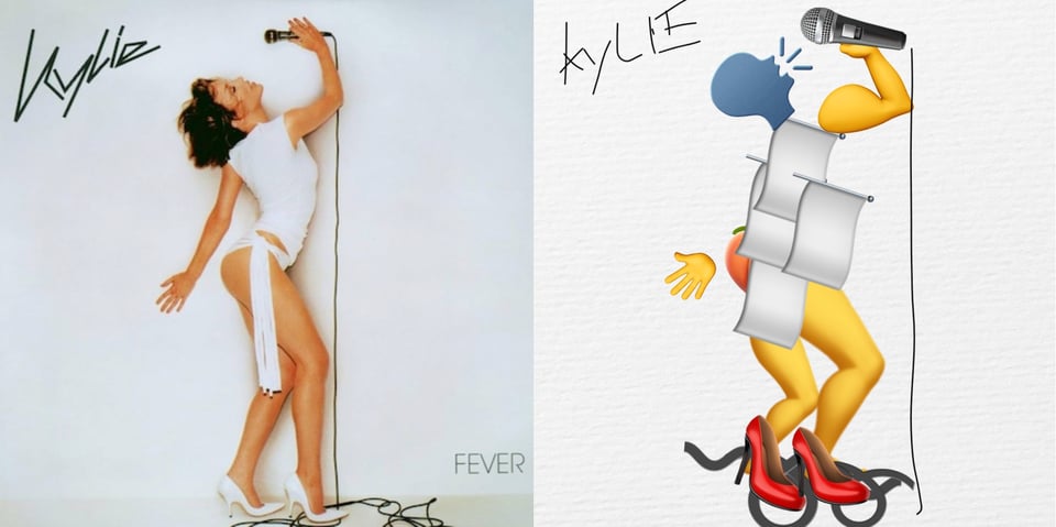 Singer Kylie Minogue, a white woman with neck-length dark blonde hair. She is wearing a white top and something like a white bikini bottom, with a long white tassel falling from the hip. She wears white high heels. She is holding a microphone far above her head, with her head cocked back, and the other arm is thrown back behind her.