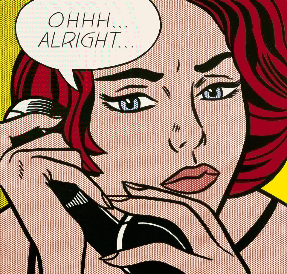 A Roy Lichtenstein painting in the style of a late 20th century romance comic depicting a woman with red hair talking on the phone and saying "OHHH ... ALRIGHT ..."