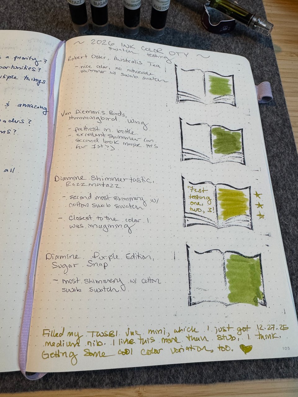 A dot grid notebook page titled 2026 Ink Color OTY Swatch Testing. On the right side of the page, book-shaped stamps have been colored in with four different colors of green ink. The first is labeled Robert Oster, Australis Tea. It's a spring pea green. The second is Van Dieman's Birds Hummingbird Wing, it's a glittery olive green. The third is Diamine Shimmertastic Razzmatazz, a golden pea soup green with nice sparkle. Finally, Diamine Purplle Edition Sugar Snap, which is a glittery asparagus green. Notes on shimmer level and a test paragraph have been added to the page.