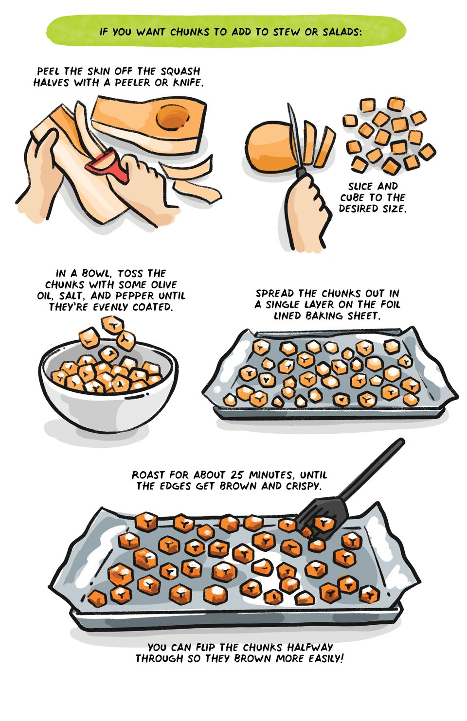 If you want to put chunks in salad or stew: Peel the skin off the squash halves with a peeler or knife. Separate into sections, Then slice and cube to the desired size. In a bowl, Toss the cubes with some olive oil, salt and pepper until they’re evenly coated Spread the cubes out in a single layer on the foil lined baking sheet Roast for about 25 minutes, until edges start to brown. You can flip the cubes halfway through to get more even browning.