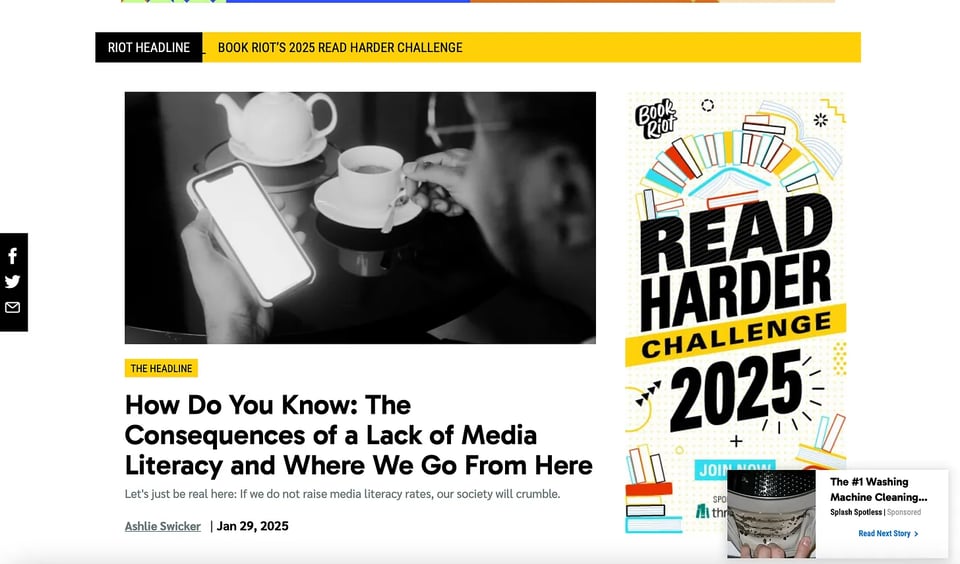 cluttered browser page showing a Book Riot article