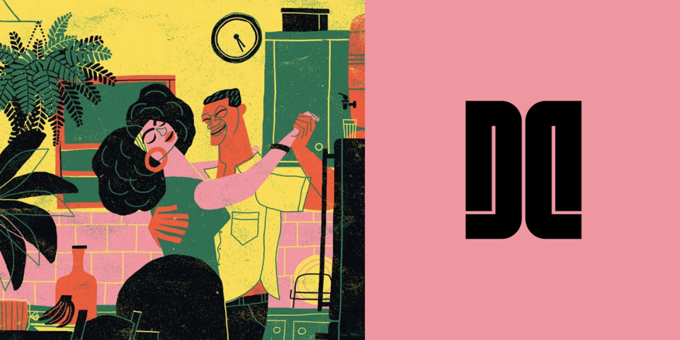 A woman and a man in a kitchen dancing.