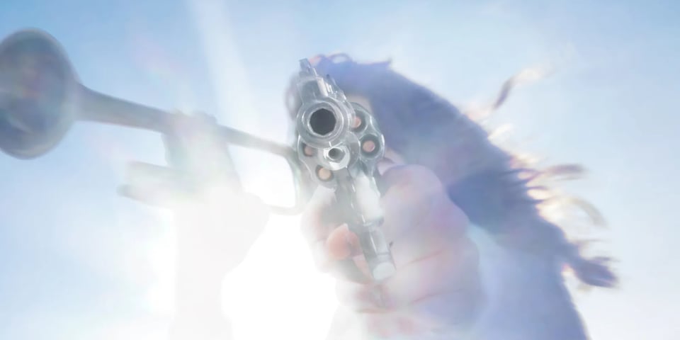 A man carries a trombone and a gun.