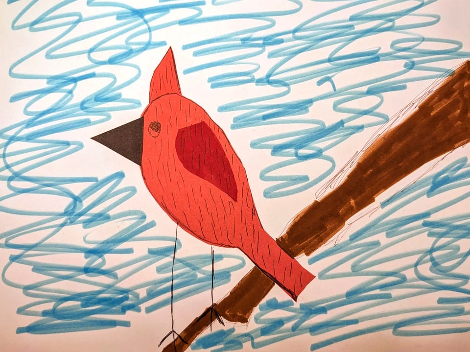 a childish image created with construction paper and markers, depicting a red bird with a crest and a large black beak perched on a branch, with a backdrop of blue scribbles