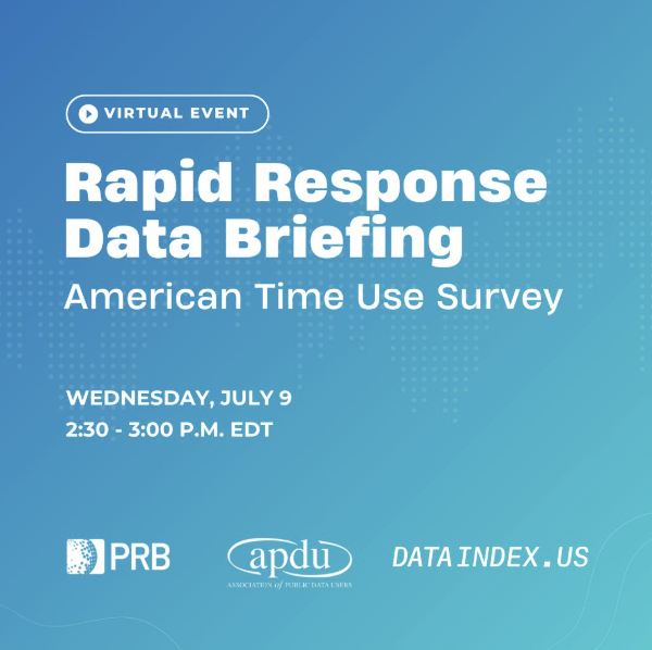 White text on a light blue diagonal gradient reads: "Virtual Event Rapid Response Data Briefing American Time Use Survey Wednesday, July 9 2:30-3:00PM EDT" and includes logos for PRB, APDU, and dataindex.us