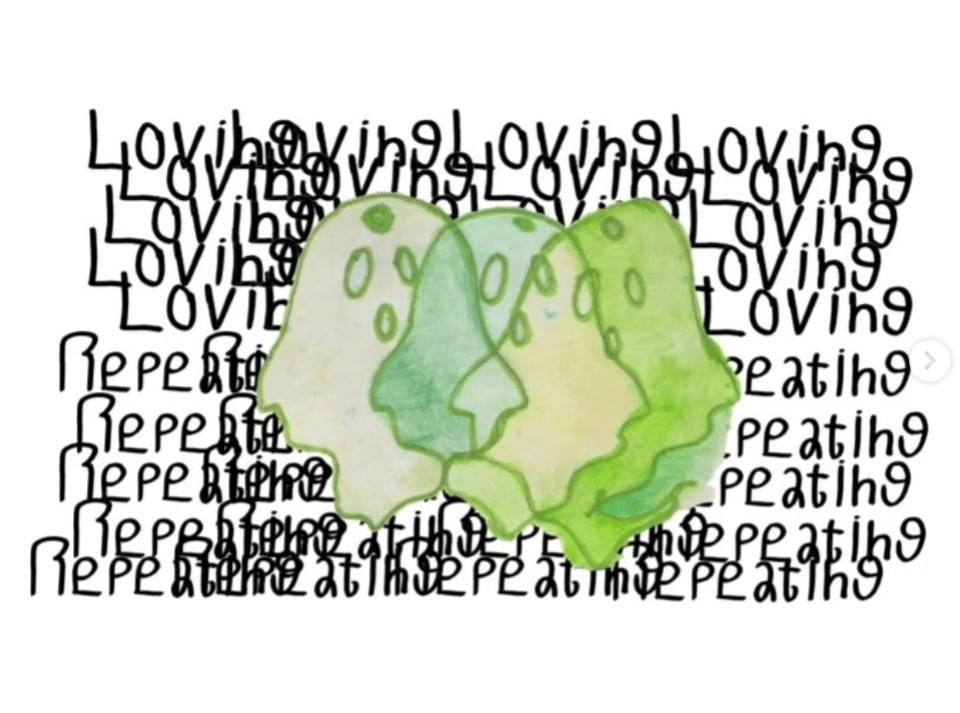 a promotional graphic that resembles two green ghosts with the words "loving repeating" repeated in the background