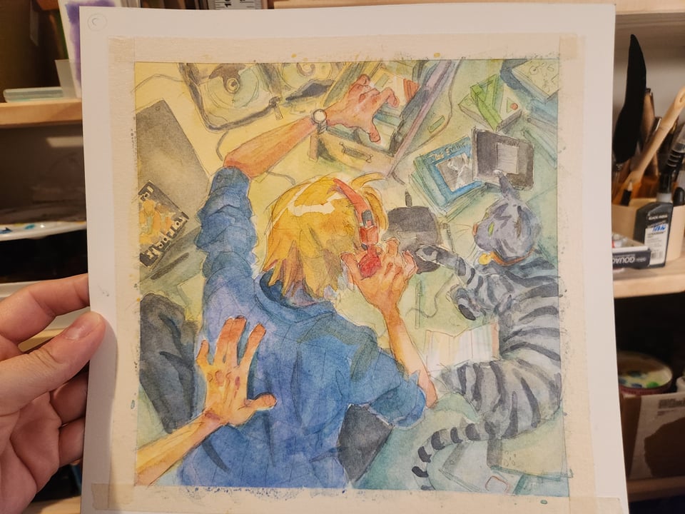 A photo of a WIP watercolour painting.