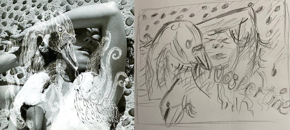 A black and white photo, tinted in a bluish-grey, of Björk, a white woman, laying on concrete in the sun, one arm over her face and casting it in shadow. Her eyes are closed and mouth is slightly open, intending a kind of sensual feeling. I believe she's naked, but her chest is obscured by a drawing of a goose or swan overlaying the image. The word VESPERTINE can just be made out in the bird's feathers.