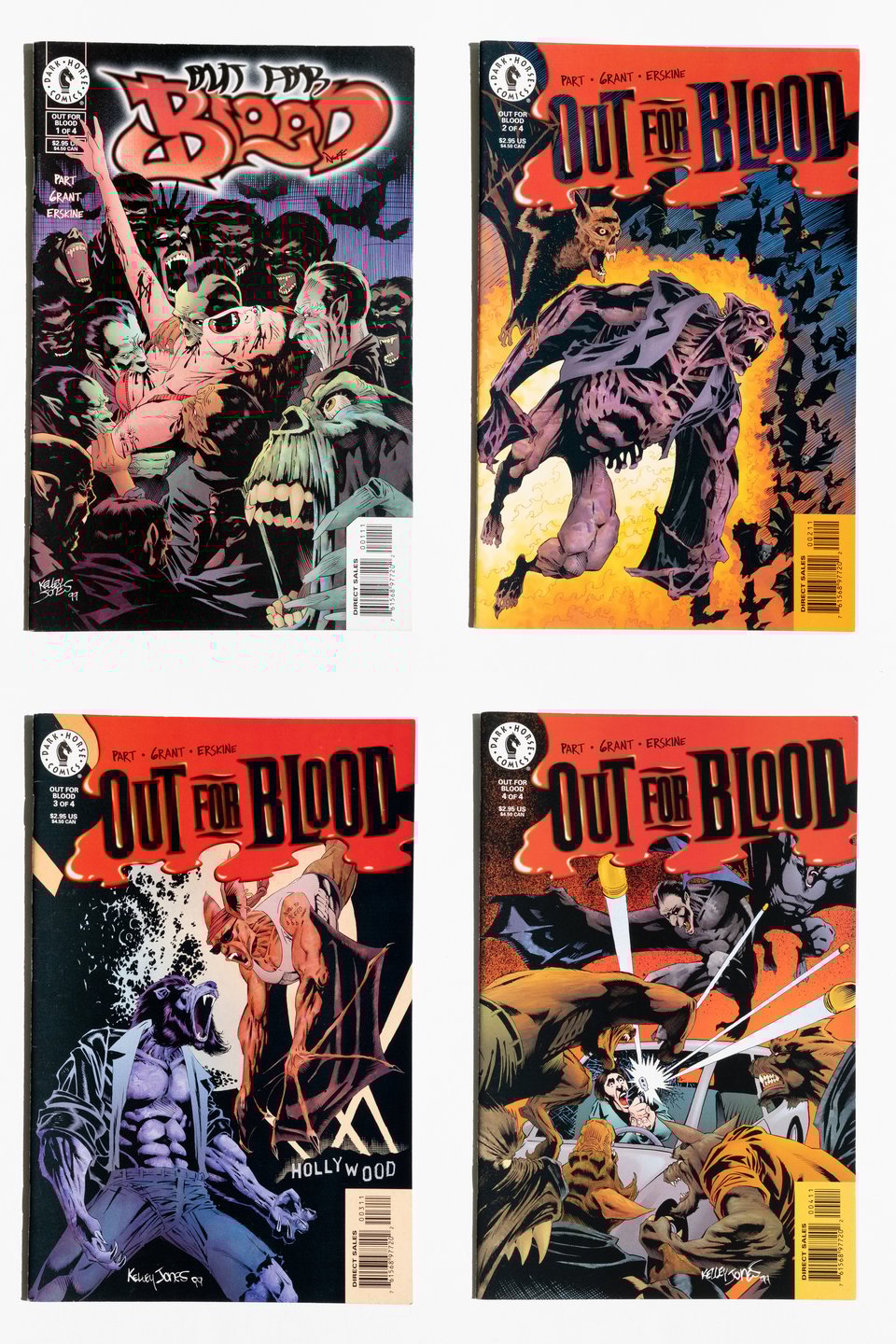 All four covers of the series Out for Blood arranged in a grid. They are drawn by Kelley Jones