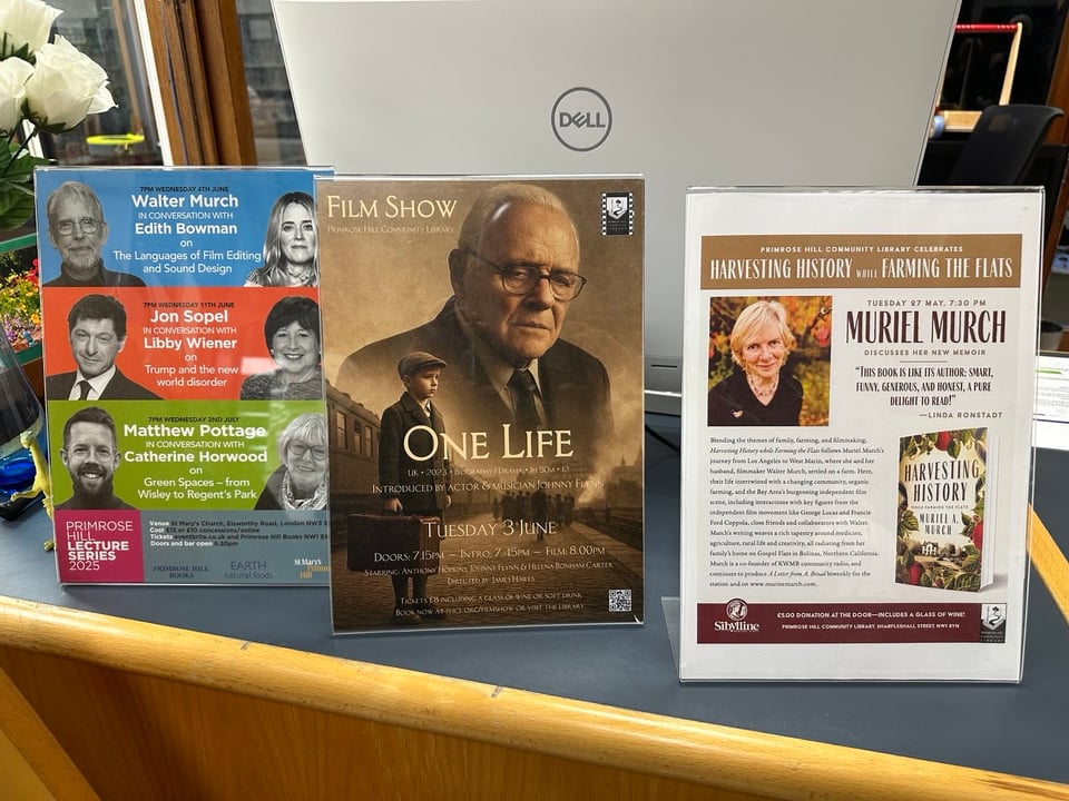 Flyers up on a shelf - Muriel Murch at the library May 27, One Life Film show Tuesday 3 June, and Primrose Hill lecture series of Walter Murch in conversation with Edith Bowman on June 4