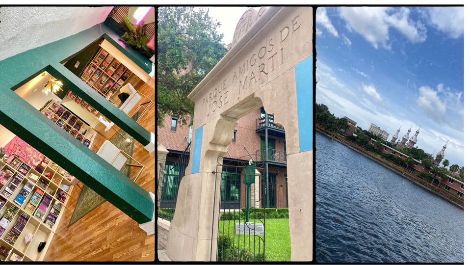 photo grid with 3 pictures. L-R: interior of a bookstore with shelves of romance novels and green pillars; a large stone gate reading "Parque Amigos de Jose Marti"; Tampa's Channel with a view of the University of Tampa minarets.