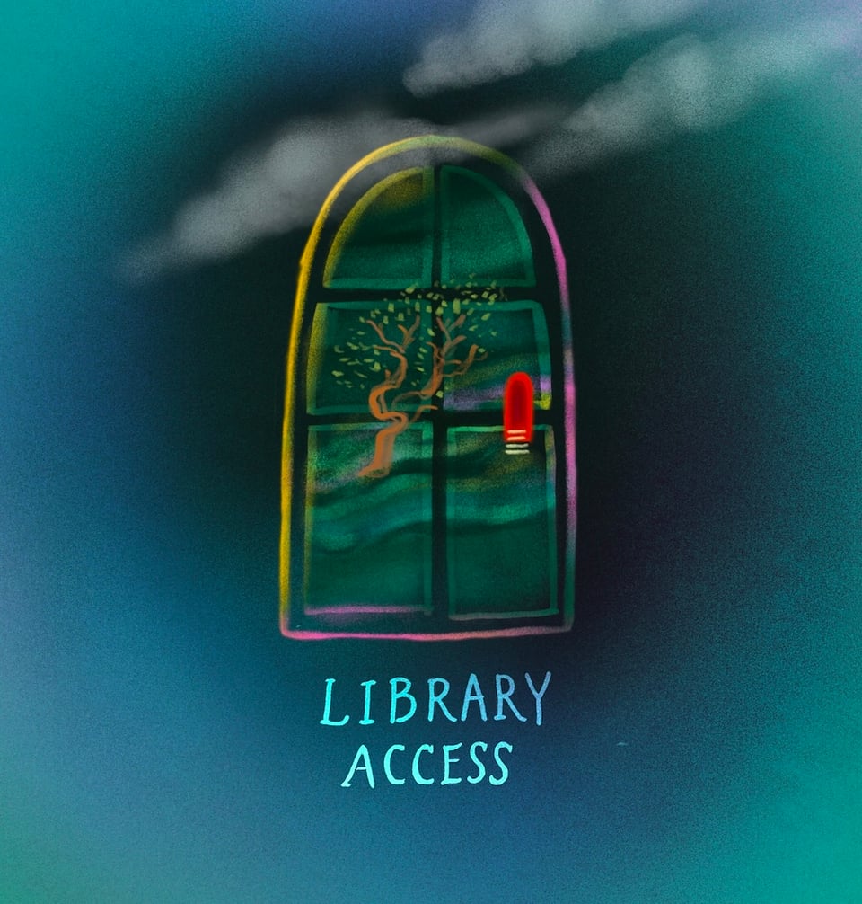 library access: illustration of a windowed door with a tree and red door