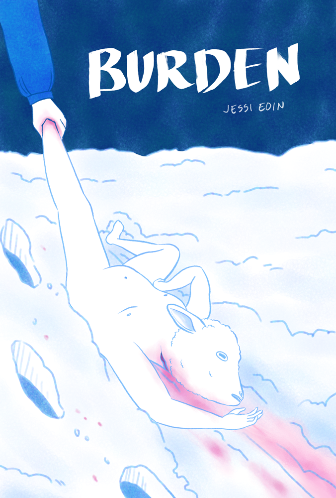 A blue and white comic cover with pops of pink by Jessi Eoin. A child's figure with a human body and a lamb's head is dragged through the snow by their foot. They have a slit throat and the blood from their wound streaks the snowy path carved by their limp body. Footsteps appear in the snow next to them, with drops of blood spattered around from the hand seen dragging the body. In bold handwritten letters, the word