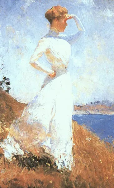 Girl in white dress looking into the distance by Frank Weston Benson. Mercifully, the title is nearly everything you need to know. She stands in profile, one hand cupping her eyes to keep out the sun. She stands on a green hill against blue sky. She is searching, with upright shoulders.