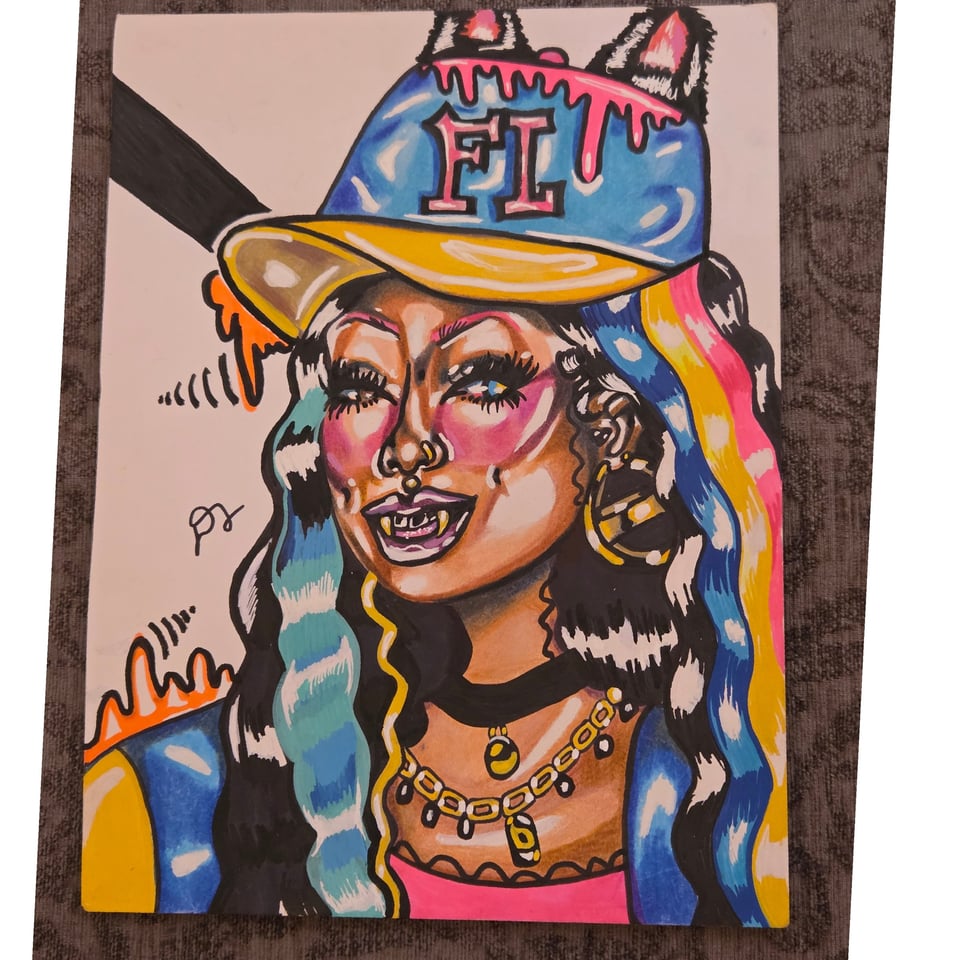 A vibrant illustration of a smiling woman wearing a blue cap with "FL," colorful hair, and bold accessories, featuring playful dripping elements.