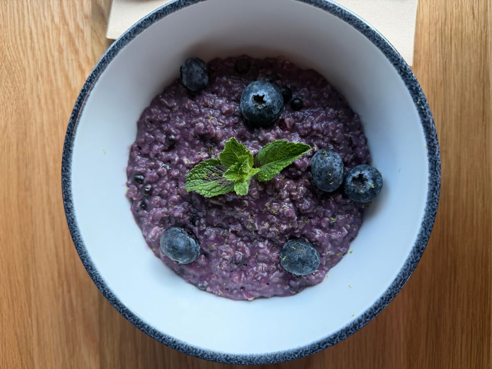 A bowl of oatmeal and quinoa that is very purple because of blueberry juice and some blueberries and a sprig of mint placed on top.
