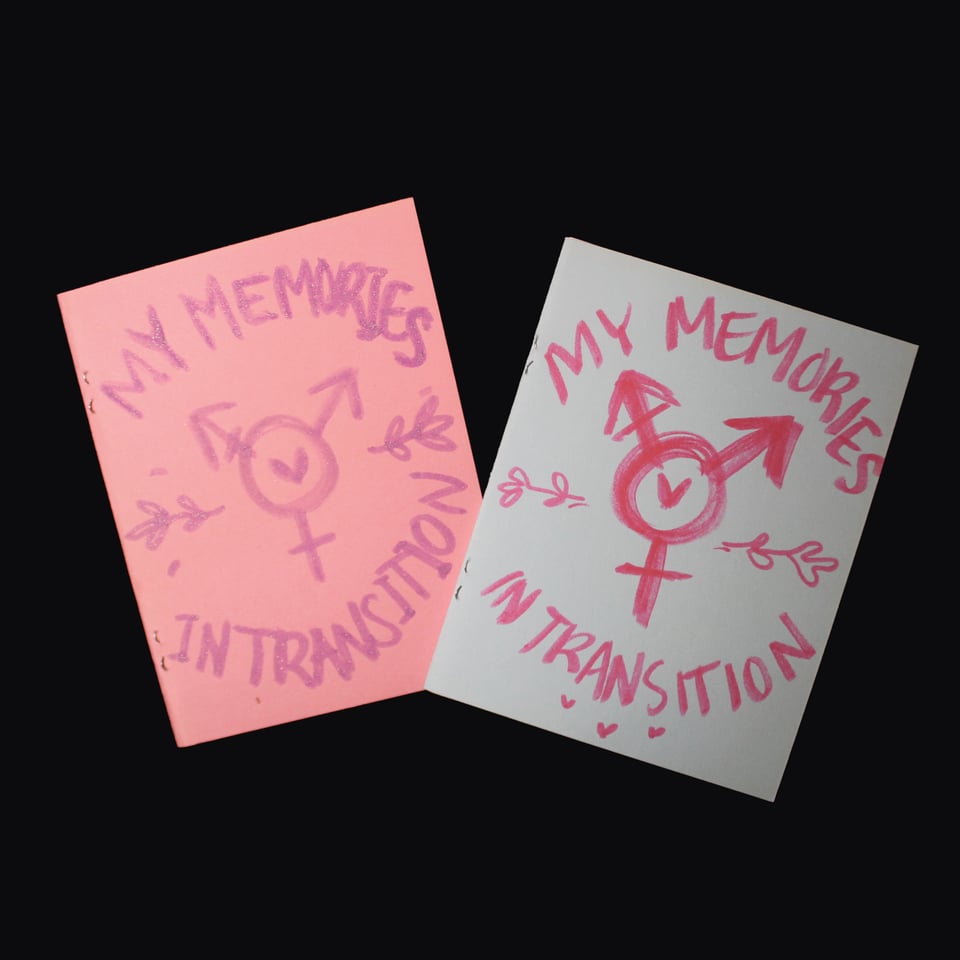 A shiny pink and normal blue covers for "My Memories in Transtion" zine