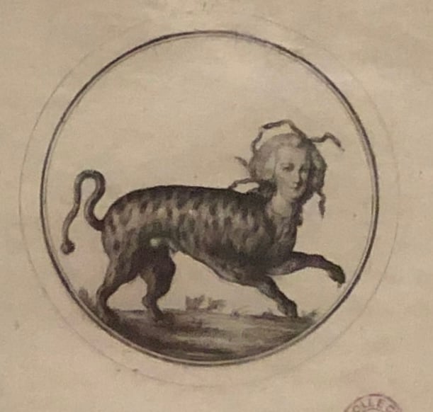A circular print of a monster with a woman’s head, with snake-like tentacles in the hair, and a hyena’s body.