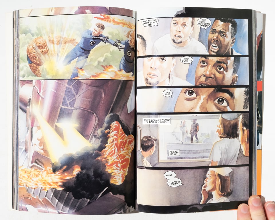 a spread from "Marvels." The lefthand page is a scene of the first battle between the Fantastic Four and Galactus. The righthand page is a conversation between bystanders observing the battle from afar.
