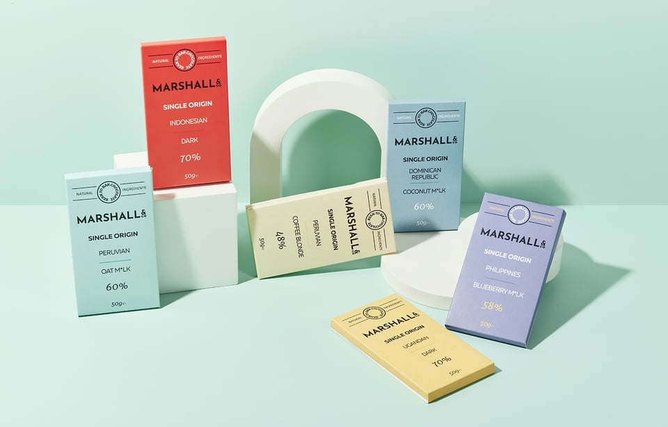 A display of six chocolate bars