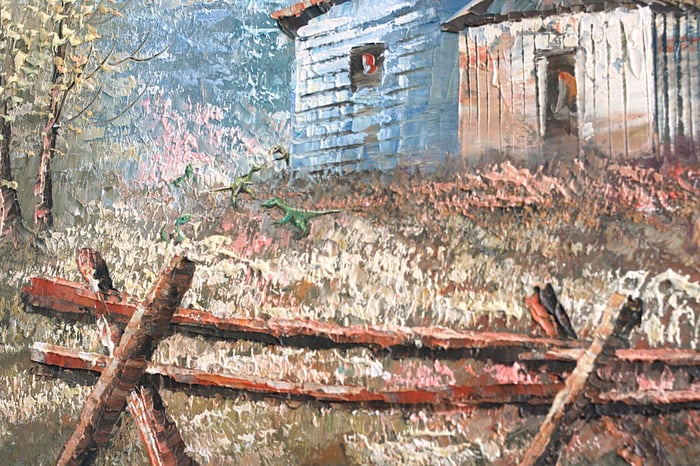 A closeup of an impressionistic painting of the side of a clapboard house, a fence in the foreground, where three small bipedal dinosaurs are scampering from the corner of the building.