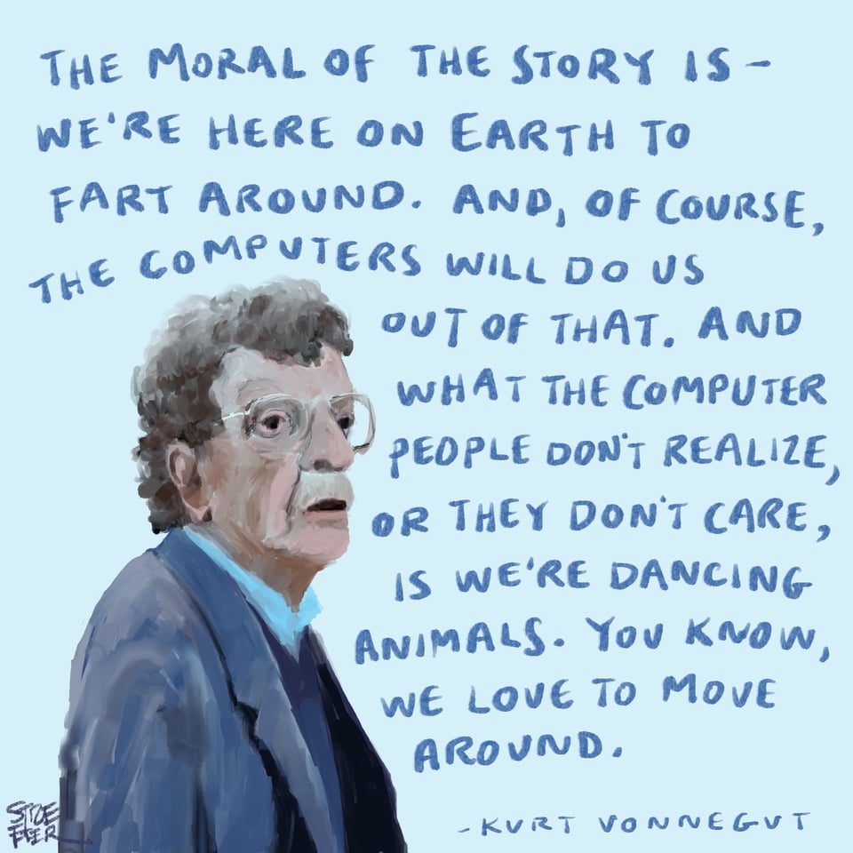 Illustration of Kurt Vonnegut with a quote of his