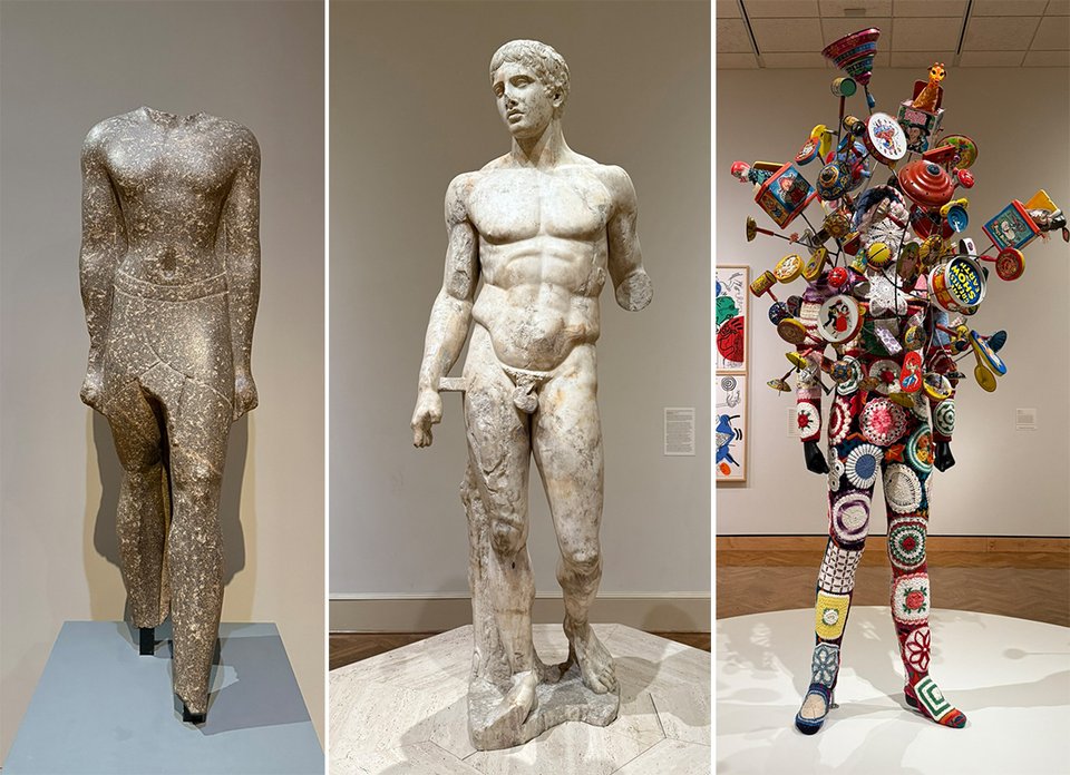 3 images from Minneapolis Institute of Art: left, a headless Egyptian statue of a striding figure; center, a Roman copy of a Greek statue of a standing man; right, a Soundsuit sculpture by Nick Cave