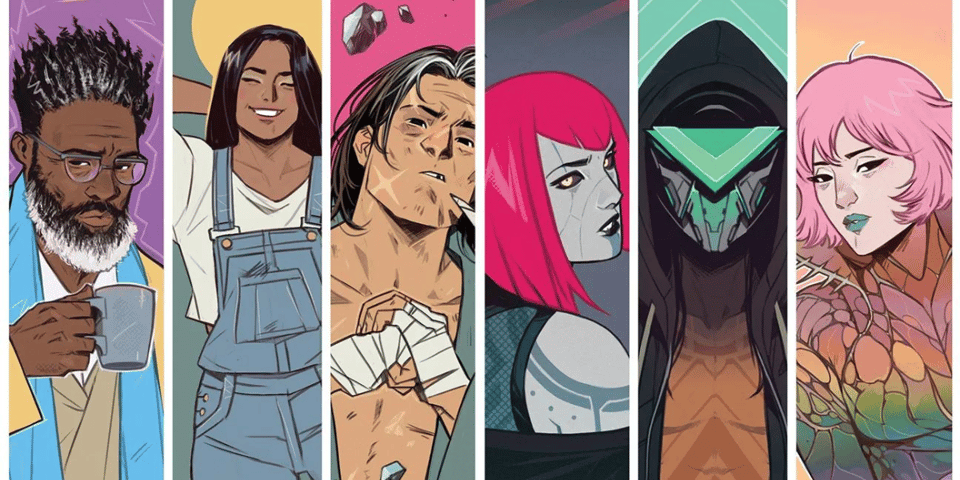 The six main characters of The Power Fantasy.