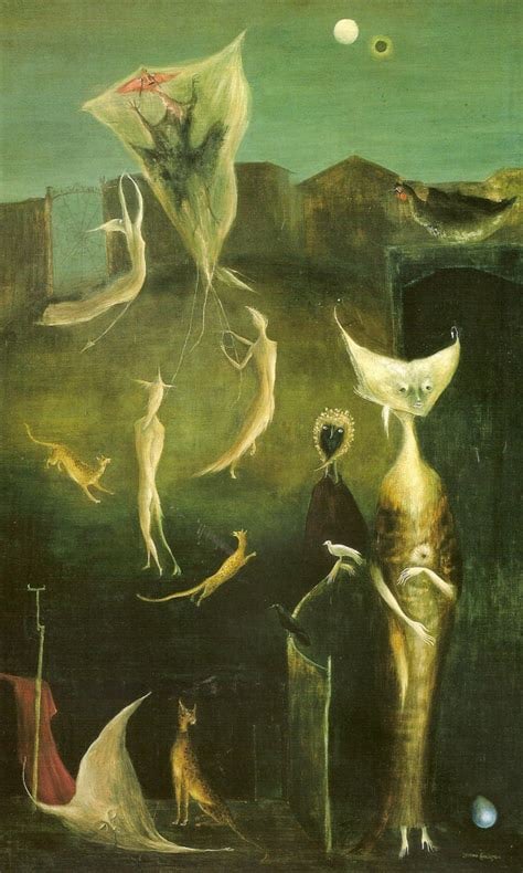 Surrealist painting depicting oddly shaped humanoid figures surrounded by various floating animals and symbols