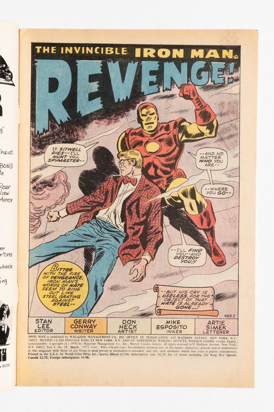 Title page from Iron Man by Don Heck. IM is cradling a near death Jasper Sitwell. Shellhead promises revenge