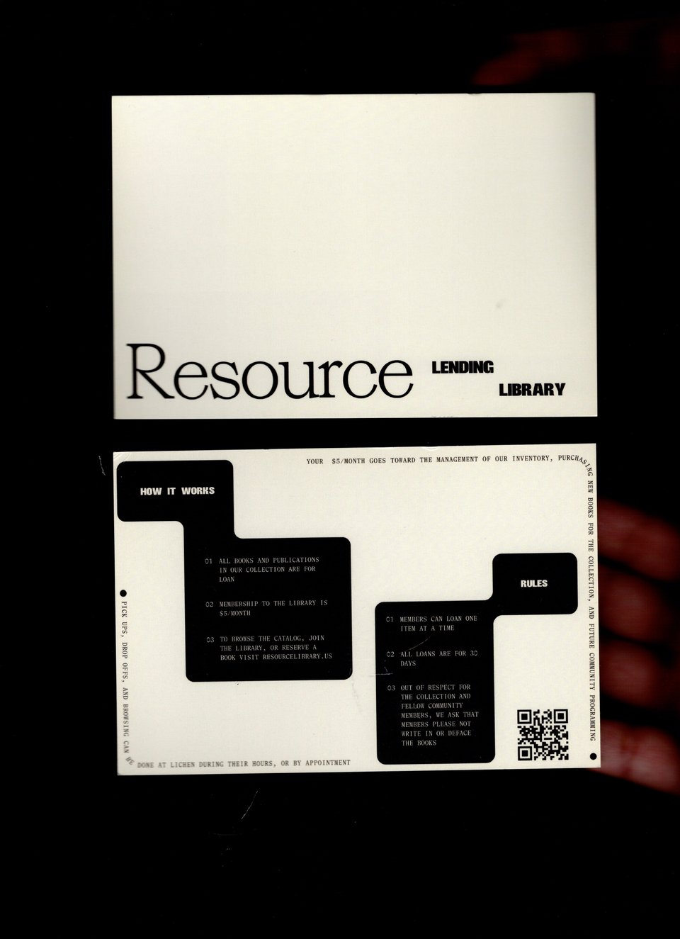 The front and back of a card that says Resource Lending Library and then details how it works. The card is off-white with black rectangles containing the text.