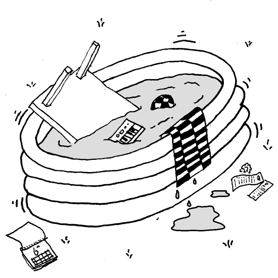 [A drawing of a blow up kiddie pool with a keyboard, beach ball, and table tipped in. A calendar and some loose leaf pages are scattered on the ground around the pool, and a towel hangs off of the edge. Semi-contained chaos.]