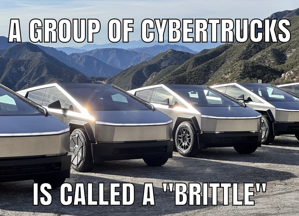 An image of a bunch of cybertrucks with the caption a group of cybertrucks is called a "brittle"