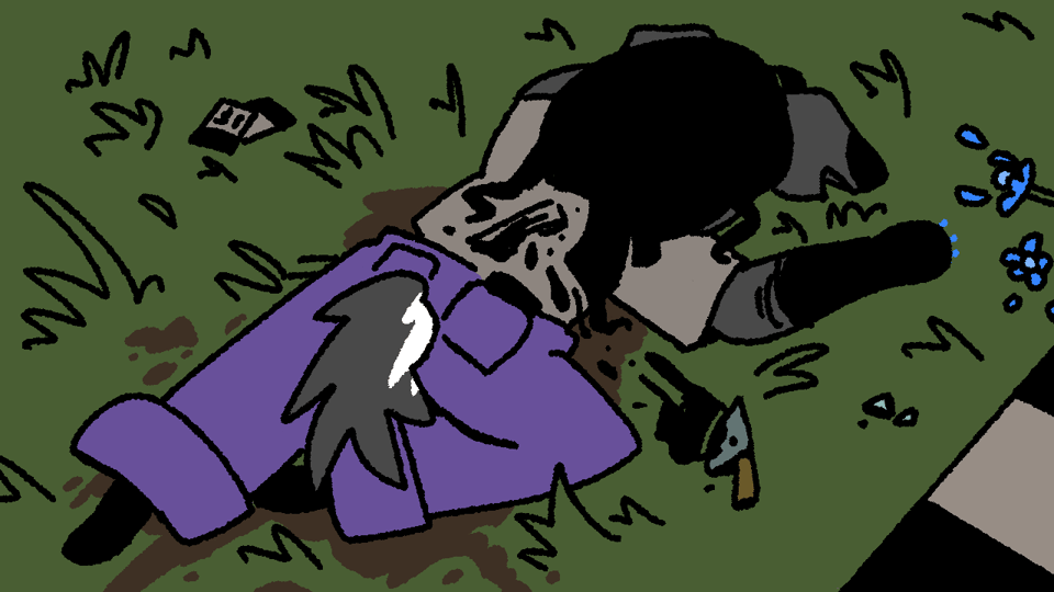A colored digital illustration for the investigation screen. The corpse's fur is gray.