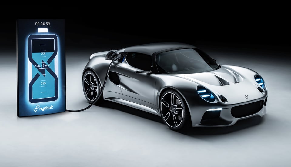 the Nyobolt, Lotus Elise-based concept car showing a graphic of it plugging in to charge fully in just a few minutes