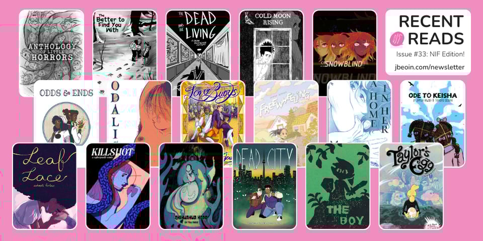 A pink graphic showcasing comics from Issue 33's Recent Reads section: NIF Edition. The titles are Leaf Lace, KILLSHOT, Chihuahua Head, Dead City, The Boy, Taylor’s Egg, Ode to Keisha, A Home in Her, Freewheeling, Lover Bouys, Odalisk, Odds and Ends, Anthology of Little Horrors, The Better to Find You With, The Dead and the Living, Cold Moon Rising, and SnowBlind.