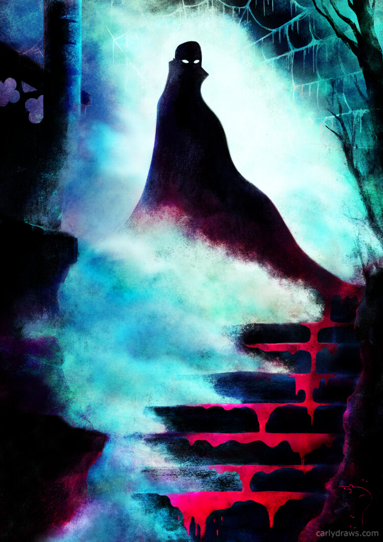 A colorful illustration of Dracula in shadow, standing on stone stairs with mist filling the frame.