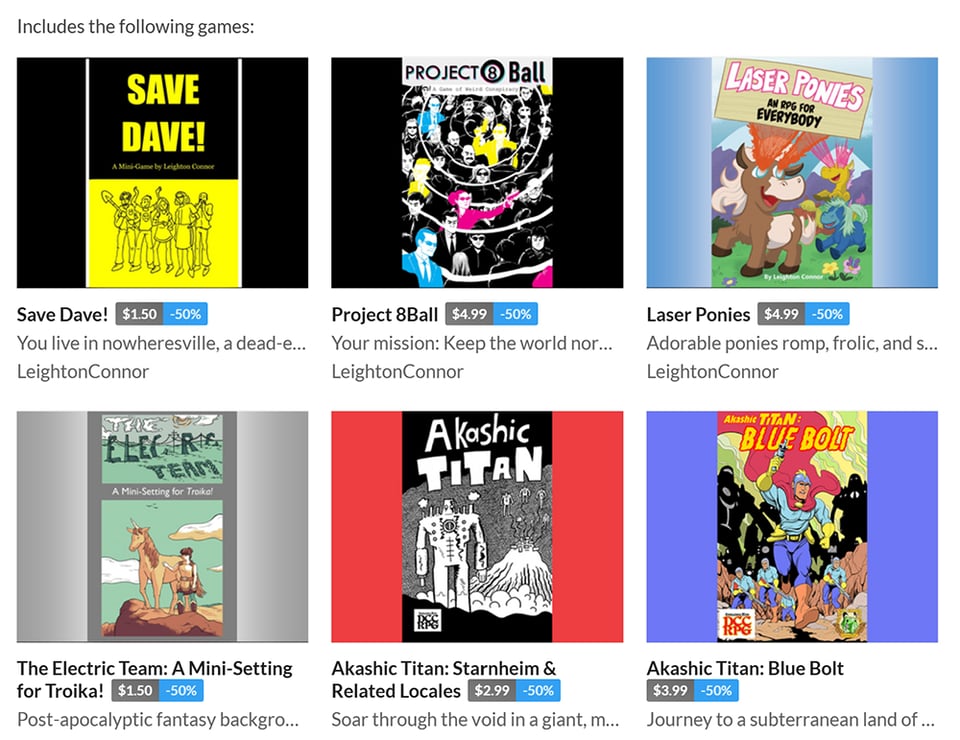 A screenshot of 6 games on sale in my itch.io store.