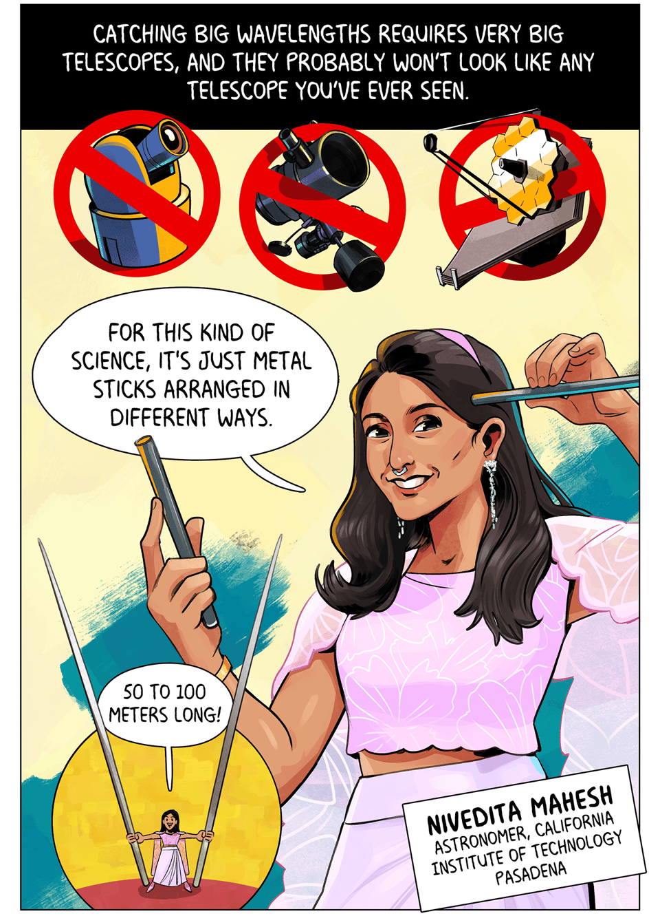 a South Asian woman wearing pink traditional Indian garb and jewelry, explaining the technology for a radio telescope on the Moon