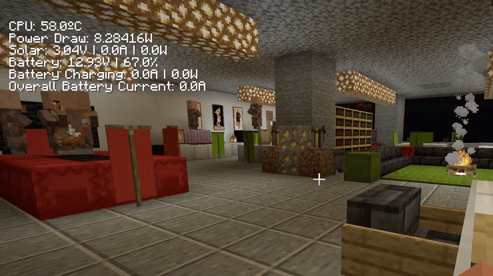 A screenshot of a game of Minecraft, showing what appears to be the inside of an apartment designed entirely with Minecraft bricks. In the top left corner, there is white text overlaid on the screen. It reads — “CPU: 58 degrees celsius. Power draw: 8.28416W. Solar: 3.04.V, 00A, 0.0W. Battery: 12.93V, 67%. Battery charging.: 0.0A, 0.0W. Overall battery current: 0.0A”
