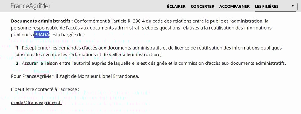 Coordonnées de la PRADA, Personne Responsable de l'Accès aux Documents Administratifs de l'établissement FranceAgrimer