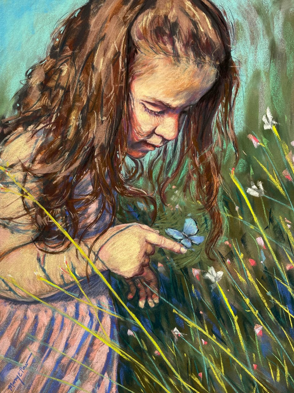 painting of a girl and a butterfly in a garden
