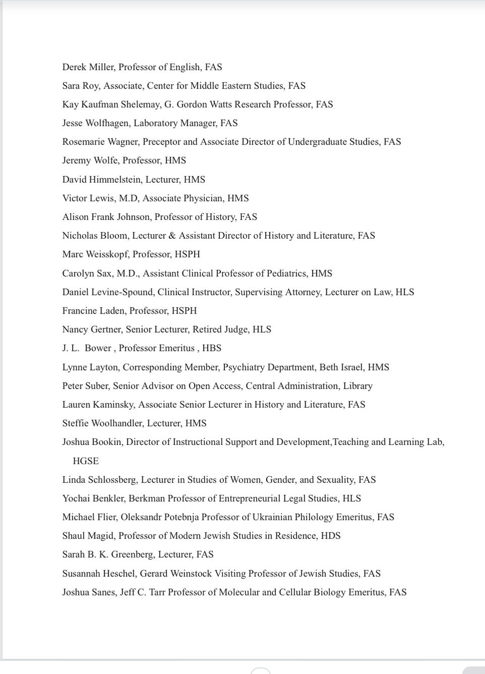 Page 4 of 6 pages of the letter sent by Jewish Harvard faculty and staff in defense of Harvard.