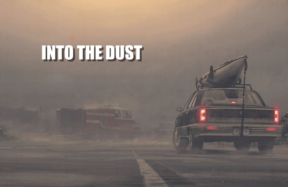 Into the Dust, white writing with black shadow. Behind a red tinged dusty scene on a highway, with cars in the distance, spread across the road and waiting with taillights on a card with a canoe on the roof