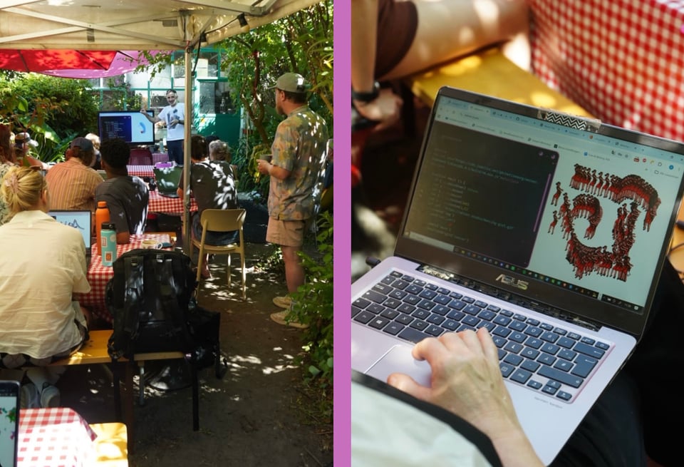 Nick Briz and Jon Satrom using netnet.stduio to teach an “artware” workshop in a garden to a group of artists