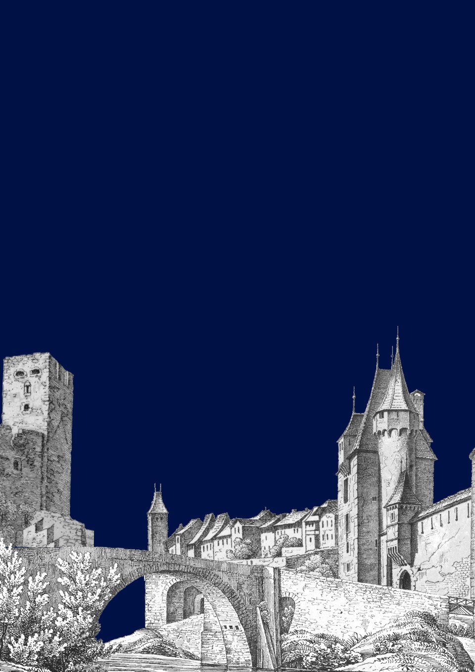 A drawing of a bridge leading to a city, with a tower on the other side